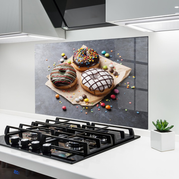 ARTHUB, Konyhai üveg hátfal 50x70 cm, 4 mm edzett, Védő gáz­tűzhely, Fröccsenésgátló, Hőálló, élelmiszerek, édességek, Colorful Donuts