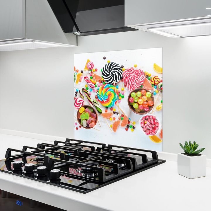 Panou Sticla Bucatarie, 60x60 cm, Protectie aragaz, Antistropi, Termorezistent, Alimente, Dulciuri, Colorful Candies Jelly