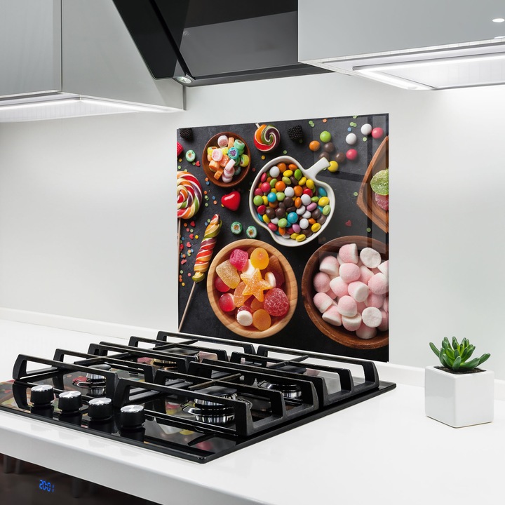 ARTHUB, Konyhai üveg hátfal 100x100 cm, 5 mm edzett, Védő gáz­tűzhely, Fröccsenésgátló, Hőálló, élelmiszerek, édességek, Colorful Candies
