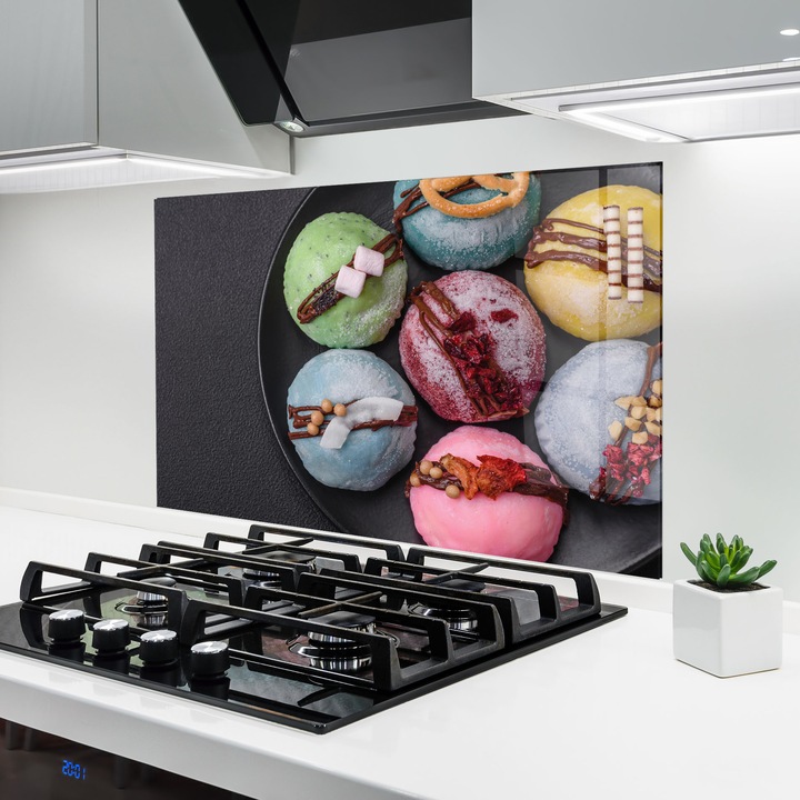 ARTHUB, Konyhai üveg hátfal 50x70 cm, 4 mm edzett, Védő gáz­tűzhely, Fröccsenésgátló, Hőálló, élelmiszerek, édességek, Colorful Mochi Desserts