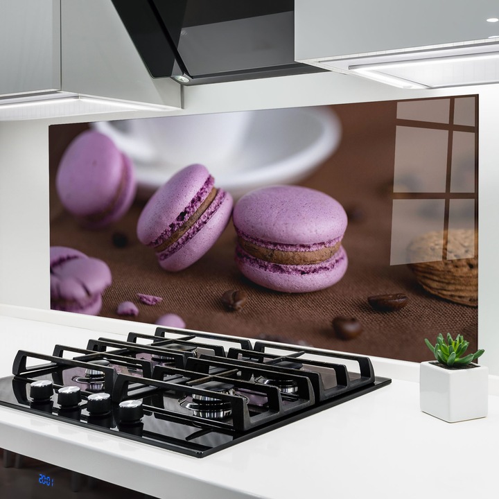 Panou Sticla Bucatarie, 60x150 cm, Protectie aragaz, Antistropi, Termorezistent, Alimente, Dulciuri, Purple Macarons