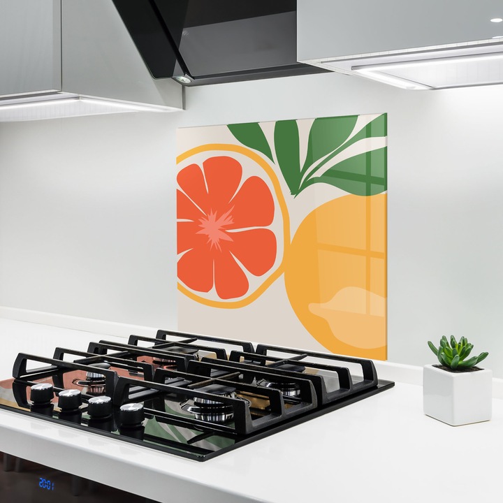 ARTHUB, Konyhai üveg hátfal 60x60 cm, 4 mm edzett, Védő gáz­tűzhely, Fröccsenésgátló, Hőálló, élelmiszerek, gyümölcsök, Simple Grapefruit