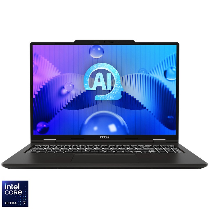 Laptop MSI Venture 16 AI A1MG-038XRO, 16 inch 2048 x 1280, Intel Core Ultra 7 155H 16 C / 22 T, 2.5 GHz - 4.8 GHz, 24 MB cache, 28 W, 16 GB DDR5, 512 GB SSD, Intel Arc Graphics, Fara sistem de operare, Gri