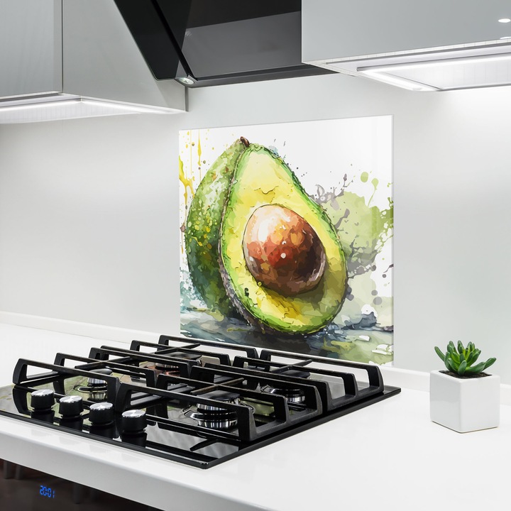 ARTHUB, Konyhai üveg hátfal 60x60 cm, 4 mm edzett, Védő gáz­tűzhely, Fröccsenésgátló, Hőálló, élelmiszerek, zöldségek, Nice Avocado Art