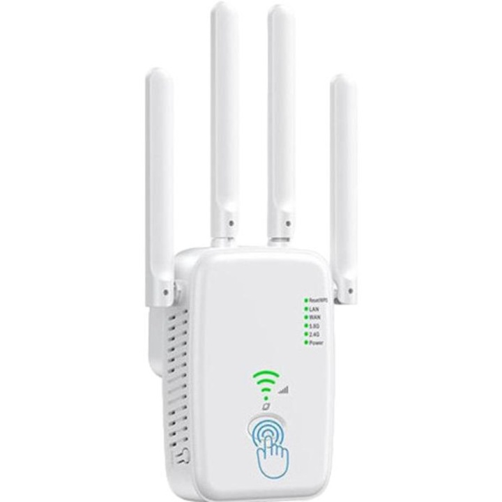 WiFi jelerősítő, TodyJeyHo, 1200Mbps, kétsávos 2.4Ghz és 5Ghz, fehér