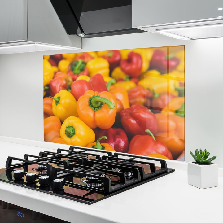 Panou Sticla Bucatarie, 50x70 cm, Protectie aragaz, Antistropi, Termorezistent, Alimente, Legume, Pepper Mix
