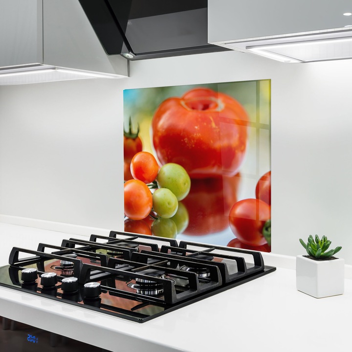 ARTHUB, Konyhai üveg hátfal 60x60 cm, 4 mm edzett, Védő gáz­tűzhely, Fröccsenésgátló, Hőálló, élelmiszerek, zöldségek, Small Tomatoes