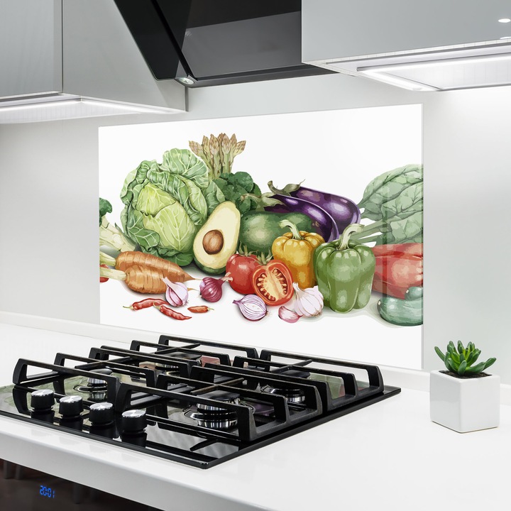 ARTHUB, Стъклен панел за кухня 80x120 cm, 5 мм закалено, Предпазител за газов котлон, Предпазител от пръски, Топлоустойчив, храни, зеленчуци, Vegetables Art