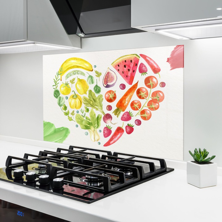 ARTHUB, Konyhai üveg hátfal 50x70 cm, 4 mm edzett, Védő gáz­tűzhely, Fröccsenésgátló, Hőálló, élelmiszerek, zöldségek, Vegetables Heart
