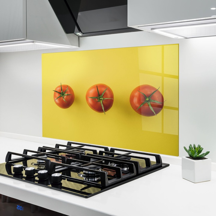 ARTHUB, Стъклен панел за кухня 60x80 cm, 5 мм закалено, Предпазител за газов котлон, Предпазител от пръски, Топлоустойчив, храни, зеленчуци, Yellow Red Tomato