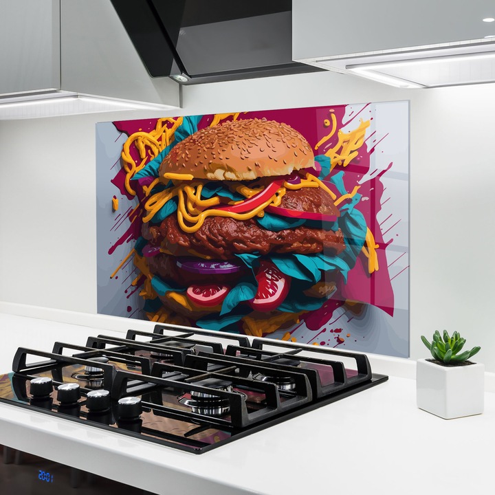 ARTHUB, Стъклен панел за кухня 80x120 cm, 5 мм закалено, Предпазител за газов котлон, Предпазител от пръски, Топлоустойчив, храни, ястия, Crazy Burger