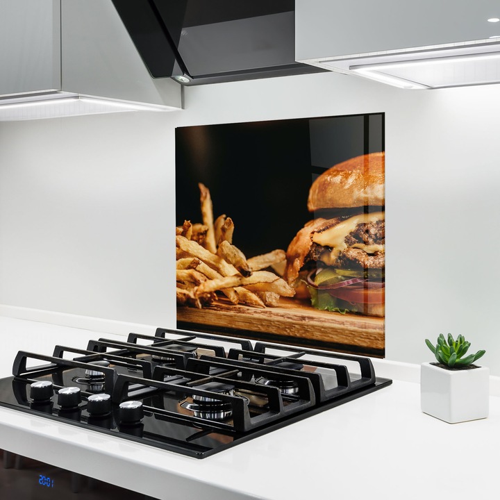 ARTHUB, Стъклен панел за кухня 100x100 cm, 5 мм закалено, Предпазител за газов котлон, Предпазител от пръски, Топлоустойчив, храни, ястия, Hamburger With Fries