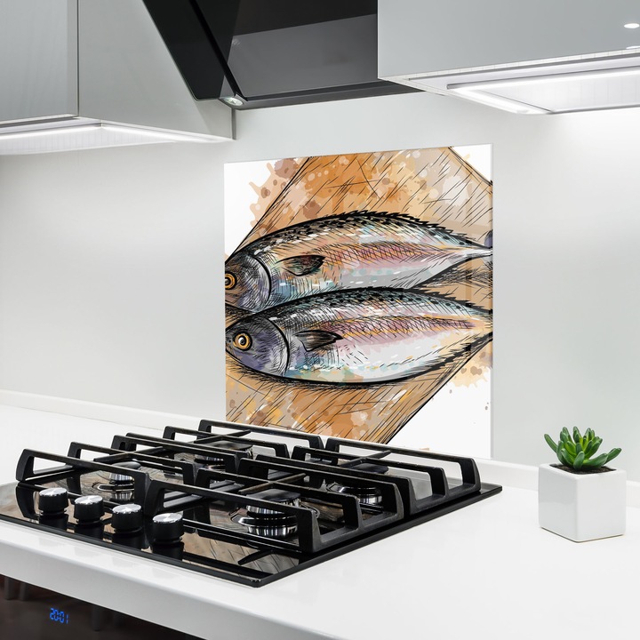 ARTHUB, Стъклен панел за кухня 100x100 cm, 5 мм закалено, Предпазител за газов котлон, Предпазител от пръски, Топлоустойчив, храни, ястия, Grilled Fish