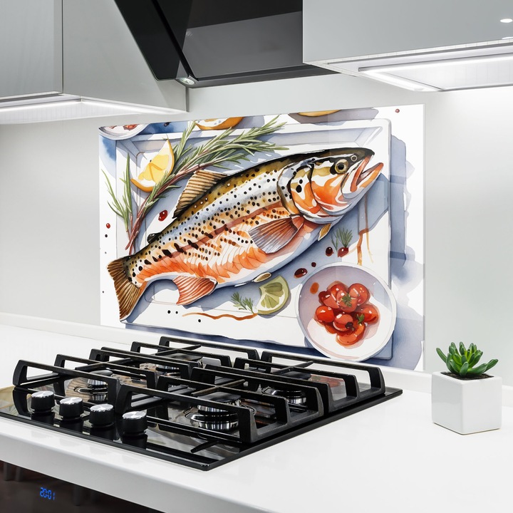 ARTHUB, Стъклен панел за кухня 70x100 cm, 5 мм закалено, Предпазител за газов котлон, Предпазител от пръски, Топлоустойчив, храни, ястия, Grilled Trout