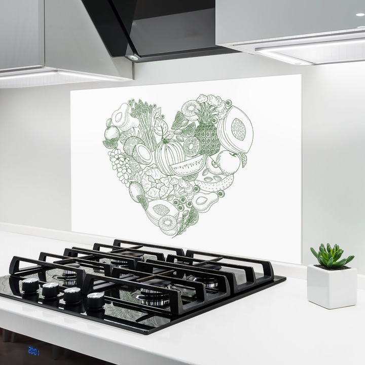 ARTHUB, Стъклен панел за кухня 50x70 cm, 5 мм закалено, Предпазител за газов котлон, Предпазител от пръски, Топлоустойчив, храни, ястия, Healthy Food Heart