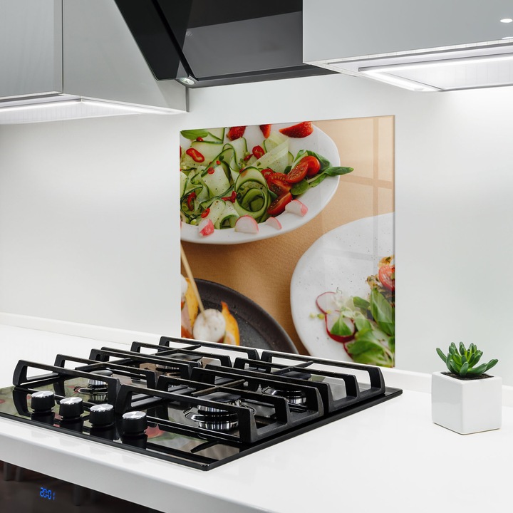 ARTHUB, Konyhai üveg hátfal 100x100 cm, 4 mm edzett, Védő gáz­tűzhely, Fröccsenésgátló, Hőálló, élelmiszerek, étel, Healthy Food