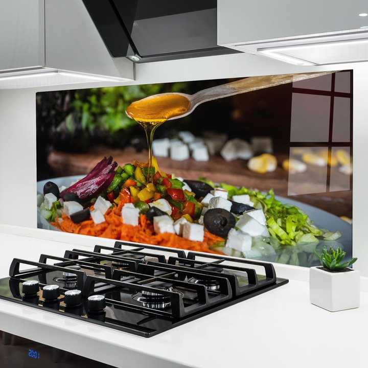 ARTHUB, Стъклен панел за кухня 60x150 cm, 5 мм закалено, Предпазител за газов котлон, Предпазител от пръски, Топлоустойчив, храни, ястия, Honey Over Food
