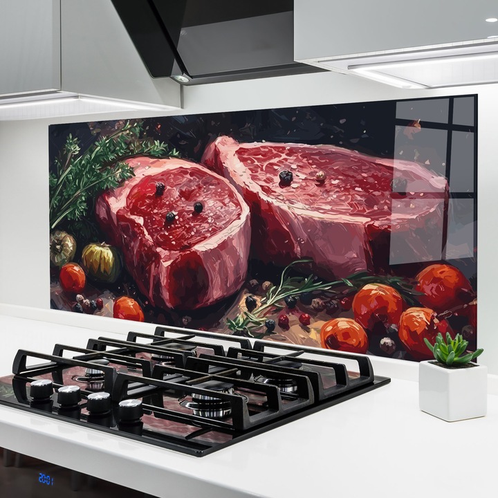 ARTHUB, Стъклен панел за кухня 60x150 cm, 5 мм закалено, Предпазител за газов котлон, Предпазител от пръски, Топлоустойчив, храни, ястия, Meat With Tomatoes
