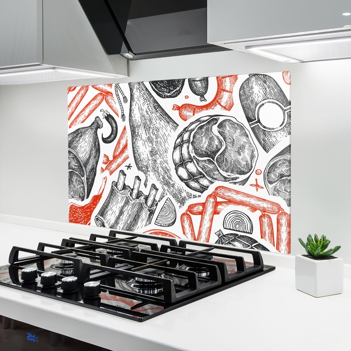 ARTHUB, Стъклен панел за кухня 60x100 cm, 5 мм закалено, Предпазител за газов котлон, Предпазител от пръски, Топлоустойчив, храни, ястия, Orange Grey Meat