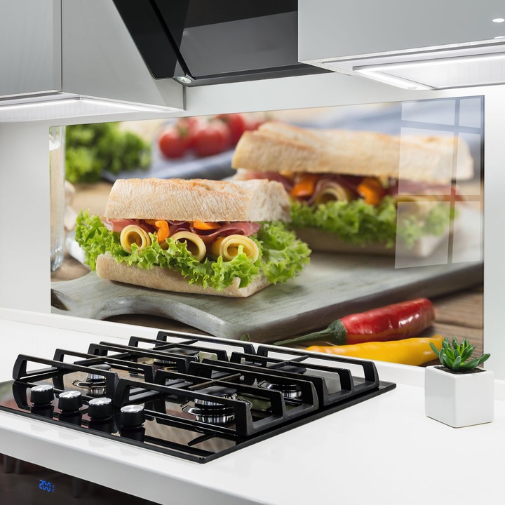 Panou Sticla Bucatarie, 60x150 cm, Protectie aragaz, Antistropi, Termorezistent, Alimente, Mancare, Yum Sandwich