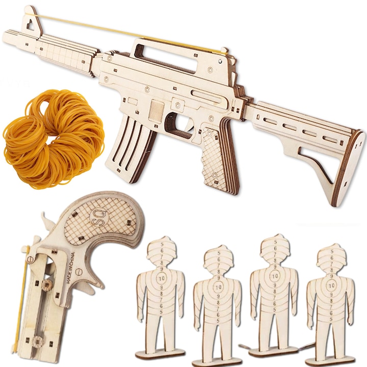Set Pistol cu Elastice, din Lemn, 3D, cu Tinte si Munitie