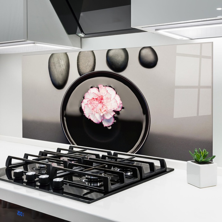 ARTHUB, Konyhai üveg hátfal 60x120 cm, 4 mm edzett, Védő gáz­tűzhely, Fröccsenésgátló, Hőálló, feng shui, víz, Water Black Pebbles