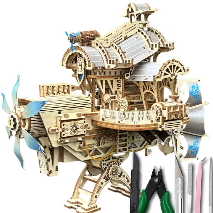Puzzle 3D din lemn Steampunk Airship, cu unelte de asamblare