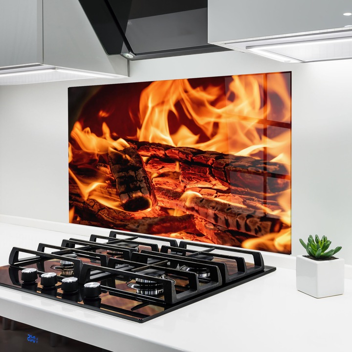 ARTHUB, Konyhai üveg hátfal 60x80 cm, 4 mm edzett, Védő gáz­tűzhely, Fröccsenésgátló, Hőálló, feng shui, tűz, Wood On Fire