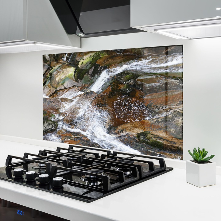 ARTHUB, Стъклен панел за кухня 80x120 cm, 5 мм закалено, Предпазител за газов котлон, Предпазител от пръски, Топлоустойчив, фън шуй, камъни, Forest Peace