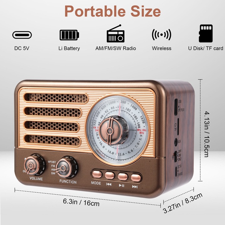 Преносимо радио с голям високоговорител, радио на батерии, AM / FM / SW, USB TF BT MP3 плейър, захранване с литиево-йонна батерия / 2D батерия / DC 5V, ръчен тунер и стабилен сигнал, LED фенерче, дизайн за вътрешна, външна употреба, аварийно, подарък