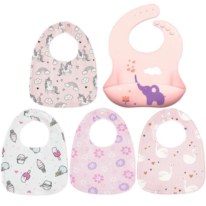 Set 5 bavete pentru bebelusi, designuri adorabile, multicolor