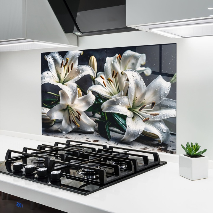 ARTHUB, Konyhai üveg hátfal 50x70 cm, 4 mm edzett, Védő gáz­tűzhely, Fröccsenésgátló, Hőálló, virágok, liliomok, White Lily On Grey