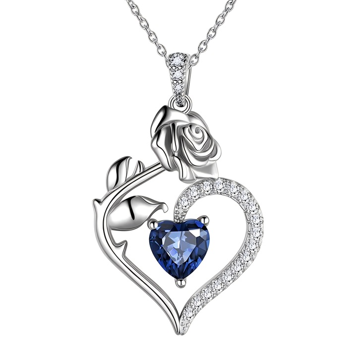 Colier cu trandafir in forma de inima, piatra pretioasa, bijuterii fine din argint 925, pandantiv in forma de inima, cadou de Craciun pentru aniversare de ziua de nastere, sotie, mama si iubita
