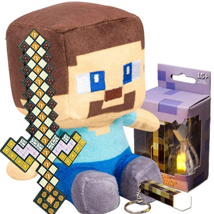 Set Breloc Minecraft Steve cu Sabie, cu Lumina