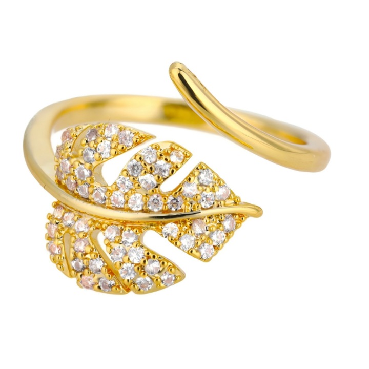 Inel auriu cu frunze de broasca testoasa, cu nervuri de frunze si diamante. Inel deschis incrustat cu diamante, cu design reglabil. Un accesoriu natural si spiritual pentru purtare zilnica