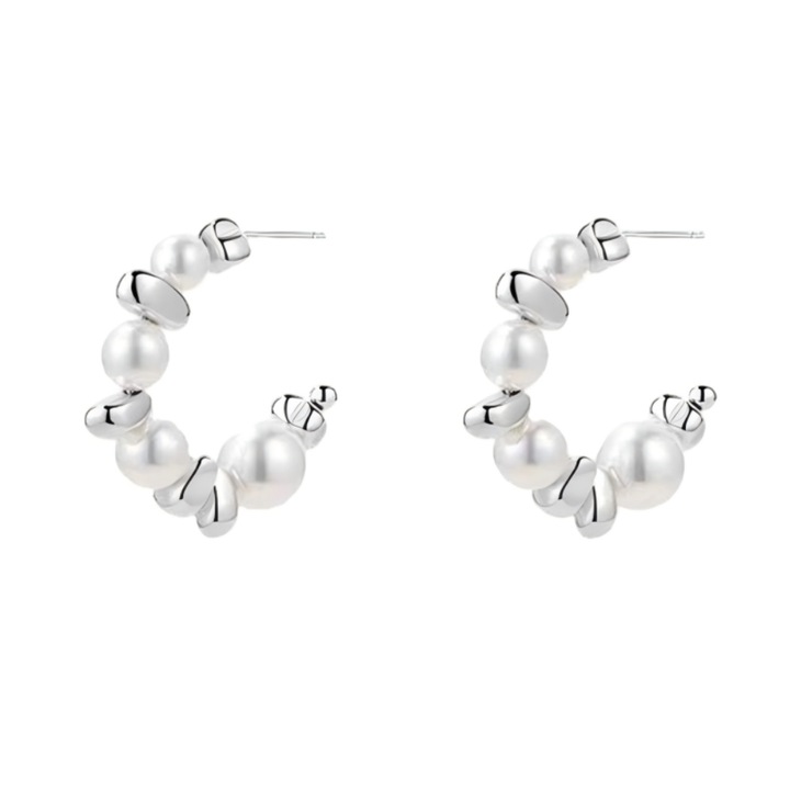 Cercei rotunzi cu perle in forma de C, margele baroce neregulate din argint, cercei mici si usori din argint, accesorii pentru naveta zilnica, bijuterii zilnice pentru femei
