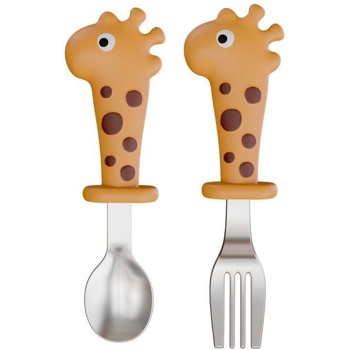 Set 2 Utensile Hranire Bebelusi, Design Girafa, Ergonomice, Multicolor, inox