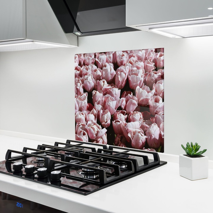 ARTHUB, Konyhai üveg hátfal 60x60 cm, 4 mm edzett, Védő gáz­tűzhely, Fröccsenésgátló, Hőálló, virágok, tulipánok, Pastel Pink Tulips Wall