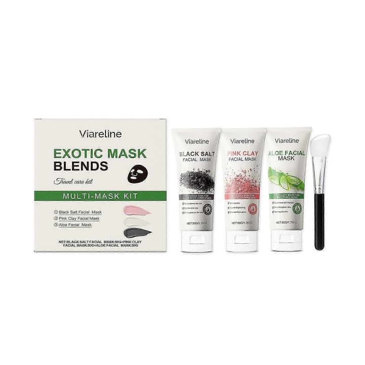 Set Masti pentru Fata, Viareline, Pore Clearing Pink Clay, Deep Cleansing Black Salt, Hydrating Aloe