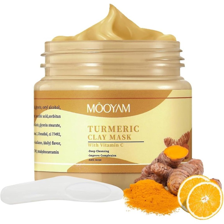 Masca de fata din argila cu turmeric si vitamina C, Mooyam, set 3 bucati, curatare profunda, echilibrare ulei, pentru toate tipurile de ten