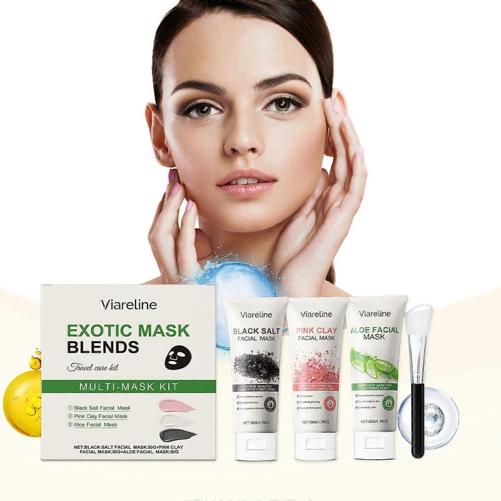 Set de masti pentru fata Exotic Blends, 3 piese, cu pensula, curatare si hidratare, pentru toate tipurile de ten,Viareline