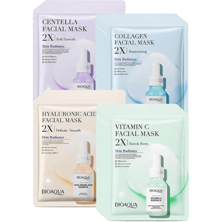 Set 8 Masti pentru Fata Bioaqua, Centella, Colagen, Acid Hialuronic, Vitamina C, Multicolor