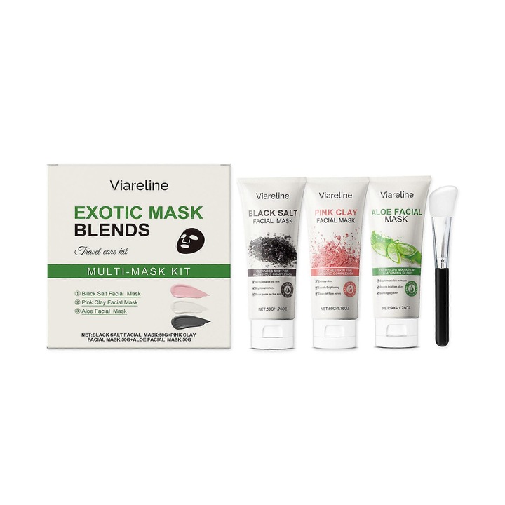 Set Masti pentru Fata, Pore Clearing Pink Clay, Deep Cleansing Black Salt, Hydrating Aloe