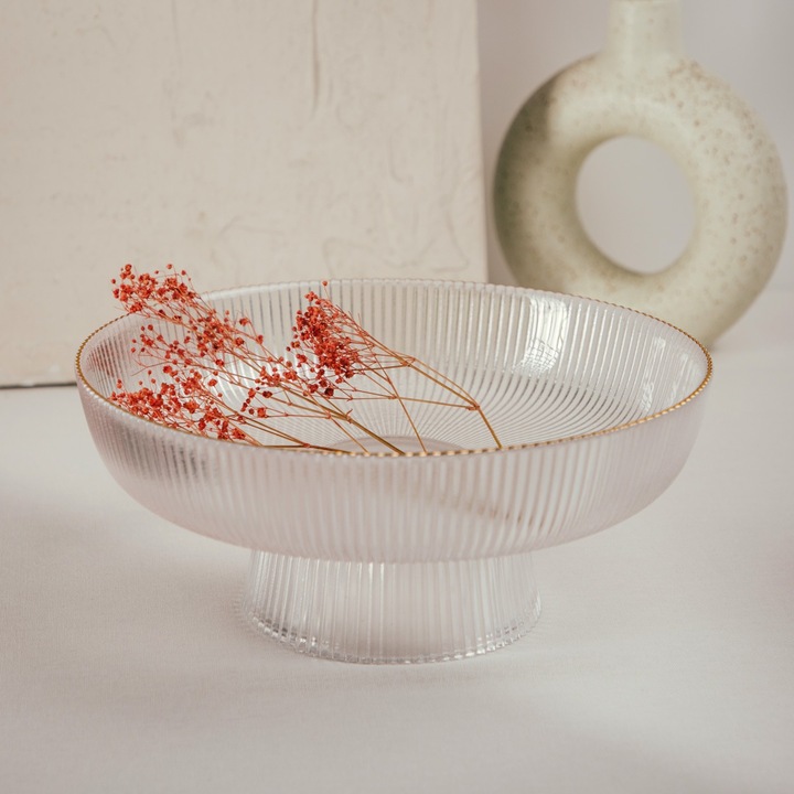 Bol mare canelat cu margine aurie LYNN 26x12cm, sticla, ideal pentru salate si fructe