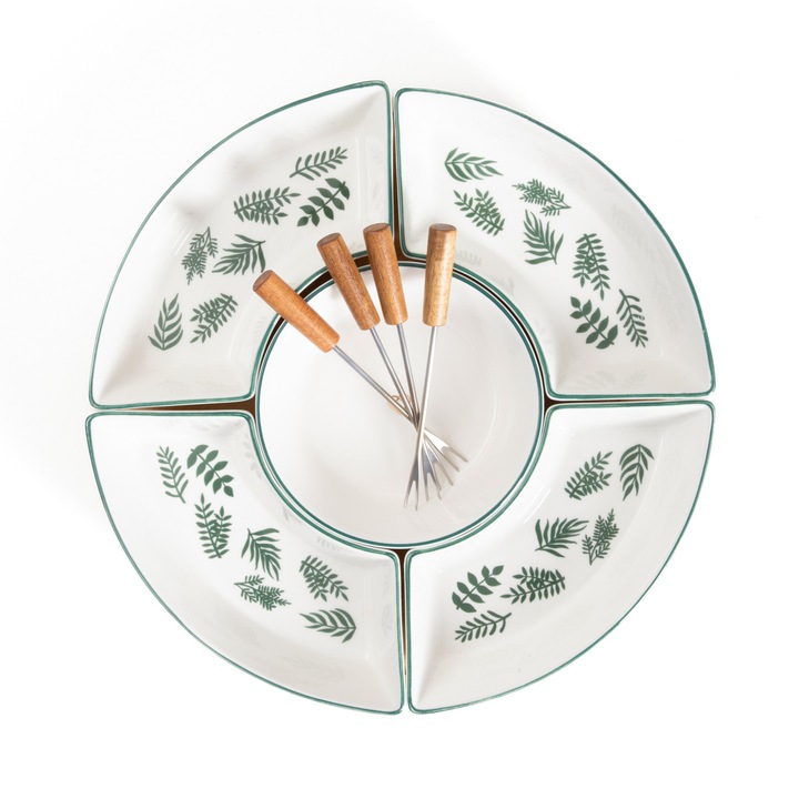 Platou de servire, homla, 30cm, ceramica, verde, cu 4 boluri pentru gustari