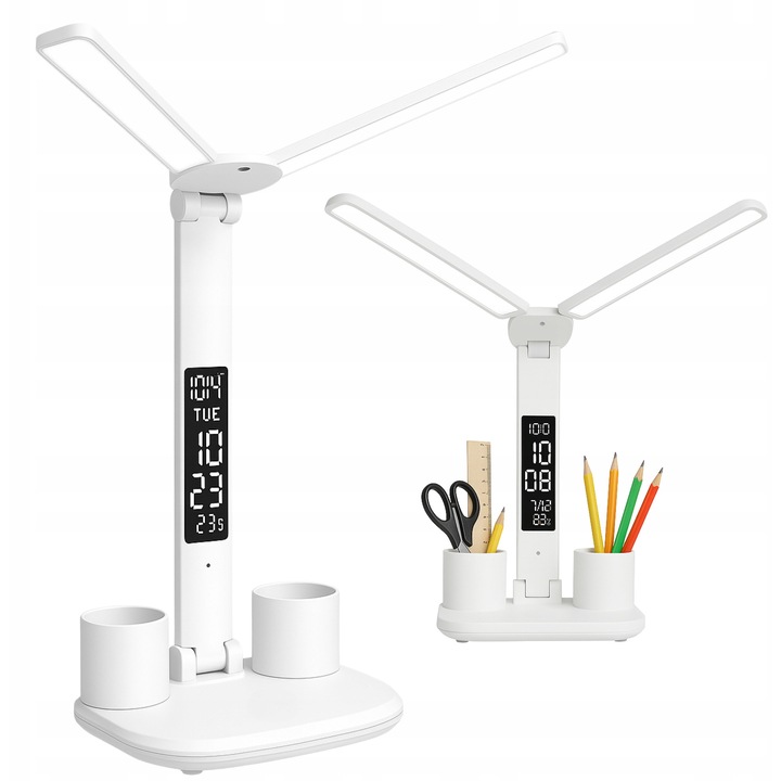LED asztali lámpa szervezővel és kijelzővel, fehér, 33x42cm
