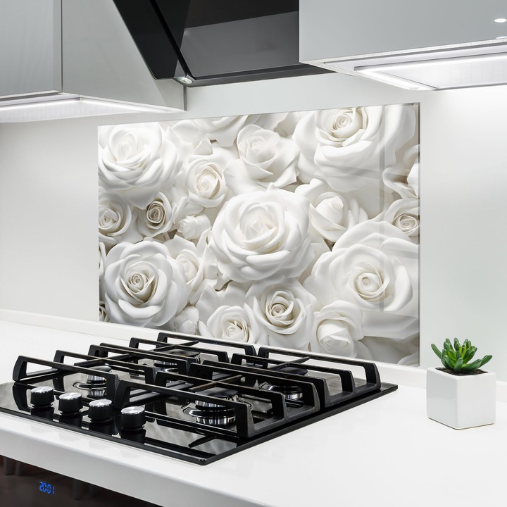 Panou Sticla Bucatarie, 60x80 cm, Protectie aragaz, Antistropi, Termorezistent, Flori, Trandafiri, 3d White Roses