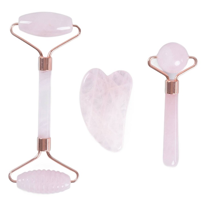 Set 3 accesorii pentru masaj facial, roz, jad, Homla