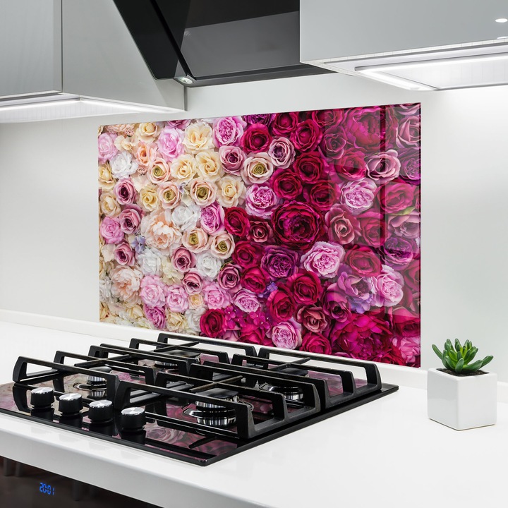 Panou Sticla Bucatarie, 70x100 cm, Protectie aragaz, Antistropi, Termorezistent, Flori, Trandafiri, Perete Trandafiri