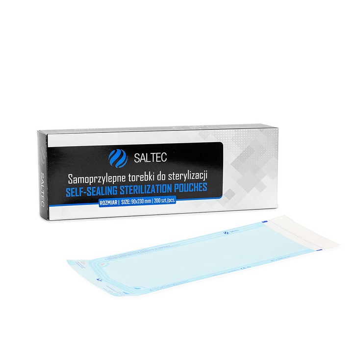 Pungi de sterilizare Saltec 90x230mm, set 200 bucati, hartie medicala rezistenta, autocolante, igienice si sigure, utilizare profesionala in clinici, cabinete si saloane